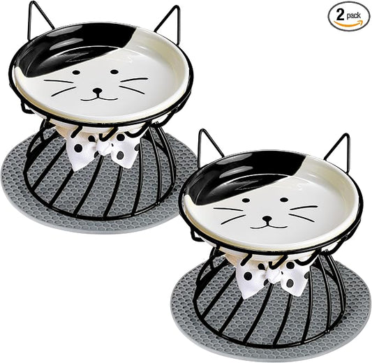 Set of 2 Elevated Ceramic Cat Bowls, Detachable, Black | Detachable Design Easy Cleaning Whisker Friendly Non-Slip Base Premium Ceramic by Trundisan