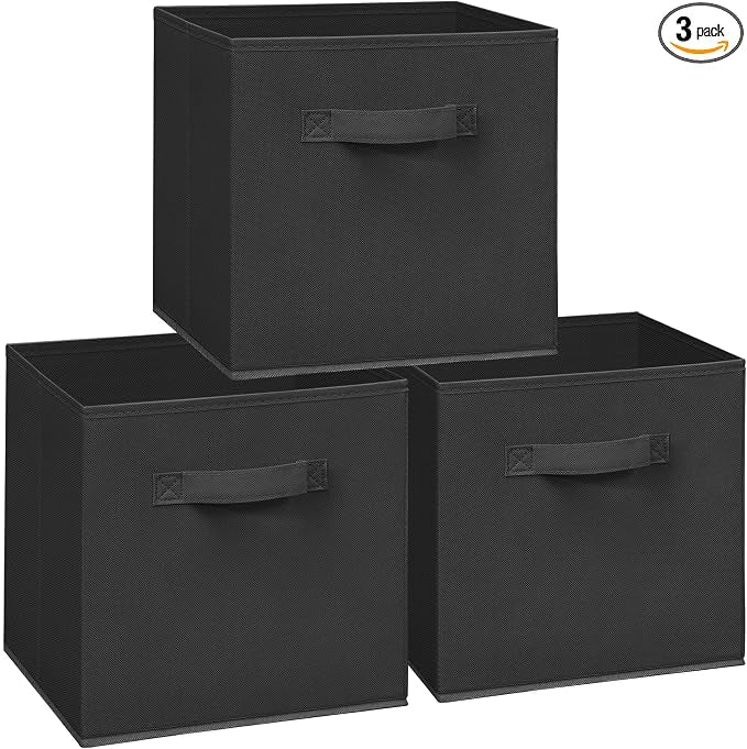 11 Inch Fabric Storage Cubes, Sturdy Foldable Storage Bins, Heavy Duty Cube Organizer for Clothes, Blankets, Shelves, Closets, Bedroom, Living Room, Black, 3 Pack by Unknown