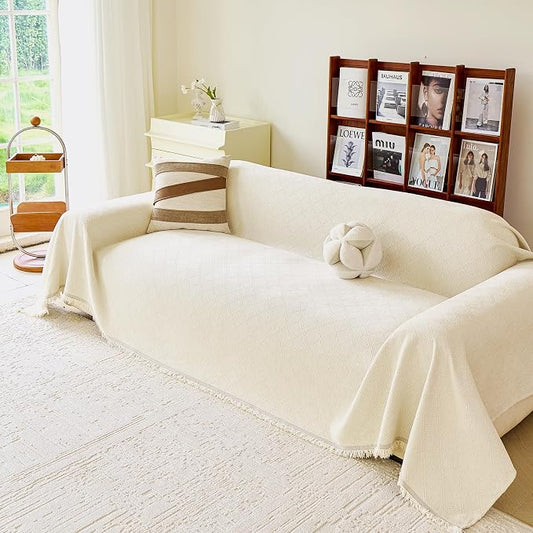 VANJOROY Beige Couch Cover Chenille for 2 Cushion L-Shape Loveseat, Washable Sofa Couch Cover Protector Soft Beige Sofa Slipcovers for Pets Dog with Tassel,71"x 102" by CHOOSEVANJOROYENJOYAMORECOMFORTABLEFEELING