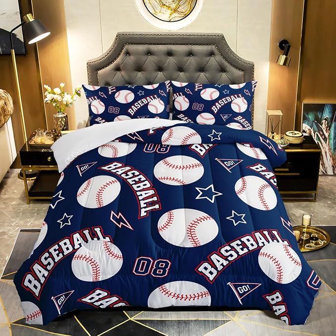 QOOMO 3D Baseballs Comforter Queen Size,Blue Baseball Kids Bedding Set,3Pcs Bedding Set Printed Comforter with 2 Pillowcases,Down Alternative,Soft and Lightweight,for All Seasons by QOOMOHOME