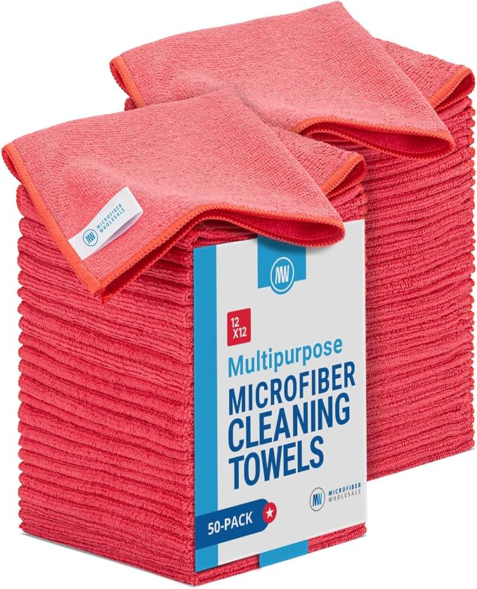 12" x 12" Microfiber Cleaning Cloths (50 Pack) - Reusable Towels, Wash Rags, Dust Cloth, All-Purpose: Kitchen, Dish, Cars, Shop, Glass (Red) by MicrofiberWholesale