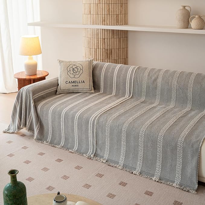VClife Chenille Sofa Cover Bohemian Striped Pattern Couch Cover for 2 Cushion Sofa - Gray Creamy White Textured Sofa Slipcover Washable Furniture Protector for Couch Decorative Couch Cushion Cover - Image 6