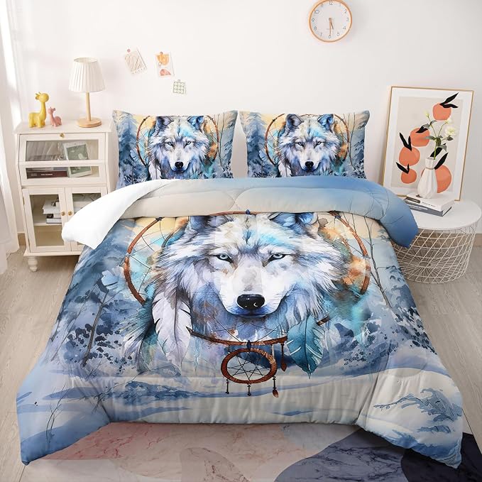Nttopship White Wolf Comforter Sets Twin Size for Kids,White Wolves 3D Cartoon and Dream Catchers Comforter Sets All Season 1 Comforter and 2 Pillowcases - Image 2