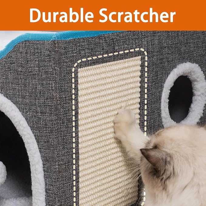 Loyareal Cat Houses for Indoor Cats - Large Cat Bed Cave with Scratch Pad and Fluffy Ball, Foldable Cat Condo Hideaway with Reversible Cushion for Multi Small Pet, Light Grey - Image 3