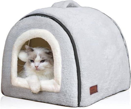 Cat Bed for Indoor Cats，Foldable cat cave，Anti-Slip & Water-Resistant Bottom，cat Houses for Indoor Cats or Small Dogs, Kitten Tent, Rabbit Bed，2 in 1 pet Bed (Grey) by Unknown