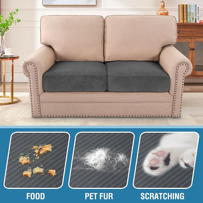 H.VERSAILTEX Velvet Stretch Couch Cushion Cover Plush Cushion Slipcover for Chair Loveseat Sofa Cushion Furniture Protector Seat Cushion Sofa Cover (2 Piece Large Sofa Cushion Covers, Grey Striped) - Image 3