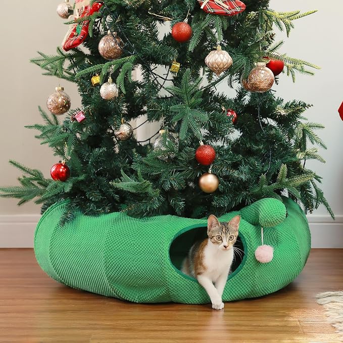 PEQULTI Cat Tunnel with Bed for Indoor Cats, Cat Play Donut Tunnel with Washable Soft Plush Flower Mat, Round Tube Toys Cute Tube for Kittens, Puppies, Rabbits and Ferrets, Green&Pink - Image 3