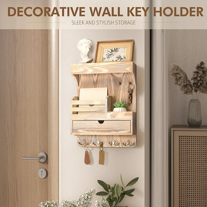 Rebee Vision Key Holder Wall Mount with Drawer for Entryway, Natural Wood | Key Holder for Wall, 6 Key Hooks, Wall Shelf, Drawer Organizer, Mail Sorter, Key Hanger Home Decor, Decorative Home Storage - Image 4