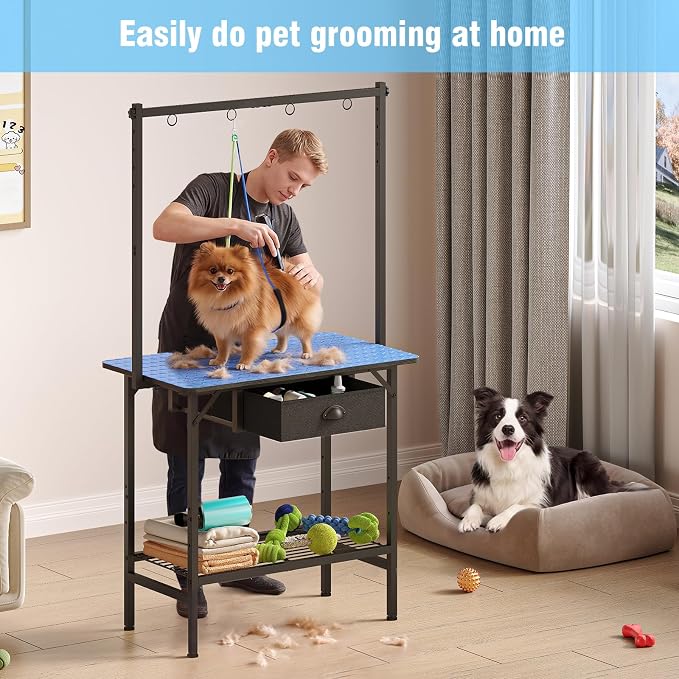 32-Inch Dog Grooming Table with Drawer & Mesh Tray,Adjustable Pet Grooming Table with Non-Slip Removable Washable Mat & EVA Protective Lanyard, Professional Grooming Table for Small Dog at Home（Blue） - Image 6