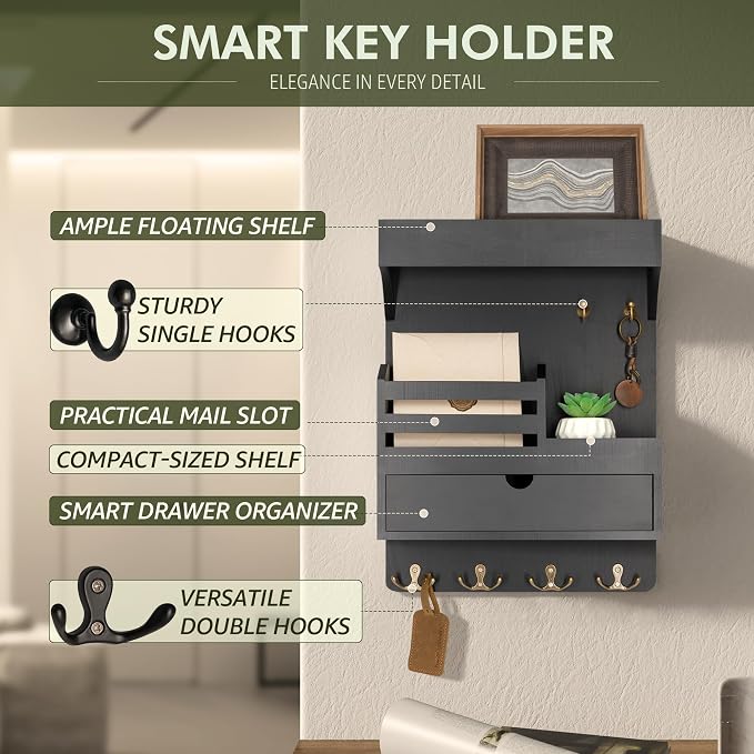 Rebee Vision Key Holder Wall Mount with 6 Key Hooks for Home Decor, Black | Pine Wood, Key and Mail Holder for Wall, Mail Slot for Letters & Bills, Spacious Drawer Organizer, Apartment Storage - Image 5