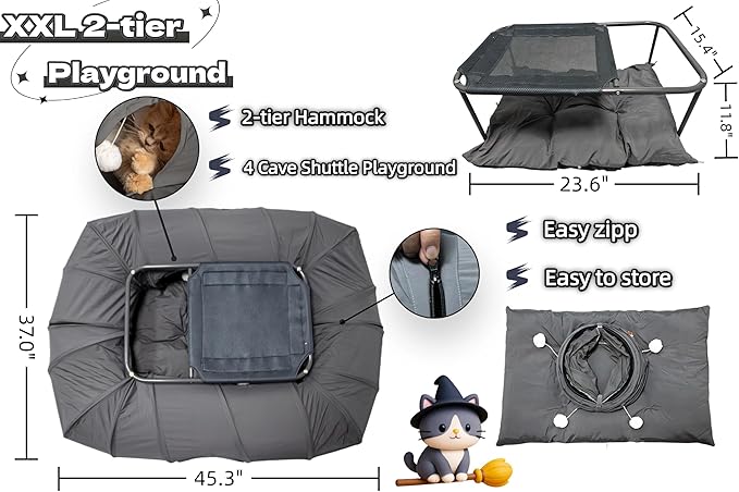 XxingSheep 2-Tier Cat Tunnel & Hammock Bed XXL, 4 Cave Shuttle with Elevated for Multiple Cats Toy Dark Grey - Image 6