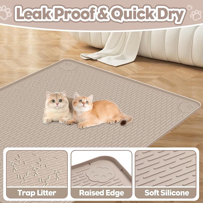 Silicone Cat Litter Mat for Litter Box 40”x28” Large Cat Mat, Khaki | Waterproof, Non-Slip, Leak-Proof Rug Mat with Lip, Easy to Clean, Extra Large Litter Catcher Mat for Floor - Image 3