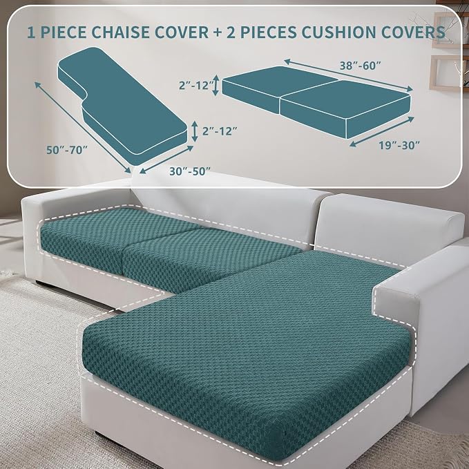 YEMYHOM Couch Cushion Covers for Sofa, Stretch Sectional Couch Seat Cushion Covers Washable Thick Furniture Protector Sofa Slipcovers for Pets (2 Seater + 1 Chaise, Peacock Blue) - Image 2