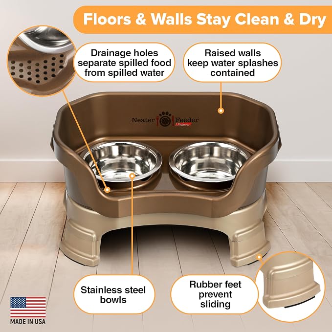 Neater Feeder Deluxe Mess-Proof Elevated Cat Bowls, 2 Height Adjustable (6” & 7.5”) No-Spill Raised Cat Bowl Stand, Whisker Friendly Stainless Steel Dishes for Indoor Cats, Made in USA, Bronze - Image 5