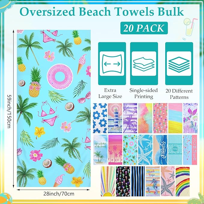 Newwiee 20 Pack Oversized Beach Towels Bulk 59" x 28" Soft Microfiber Sand Free Towels Absorbent Lightweight Quick Dry Assorted Vibrant Patterns for Hawaii Pool Travel Bath Outdoor Camping - Image 2
