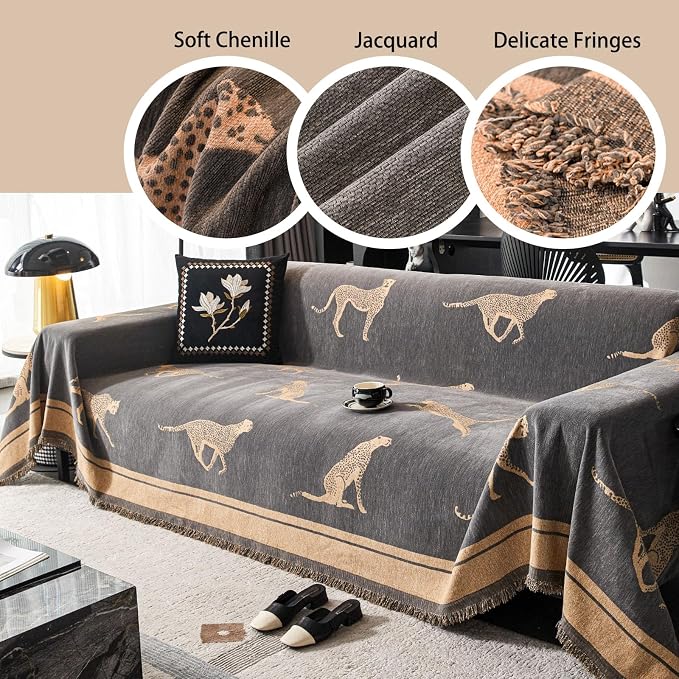 Chenille Sofa Cover with Tassels, Non-Slip Couch Cover for Seat Sofas, Washable Furniture Protector for Pets & Kids, Modern Leopard Pattern Chenille Blanket (Grey, 71"x90") - Image 6
