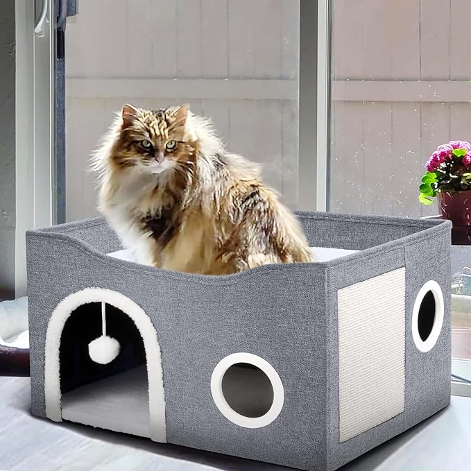 Heeyoo Cat House for Indoor Cats - Large Cat Bed Cave with Fluffy Ball and Scratch Pad, Foldable Cats Houses & Condos, Cat Hideaway, Covered Kitty Bed for Multi Small Large Kitty, 23.8x15.9x13.2 Inch - Image 7
