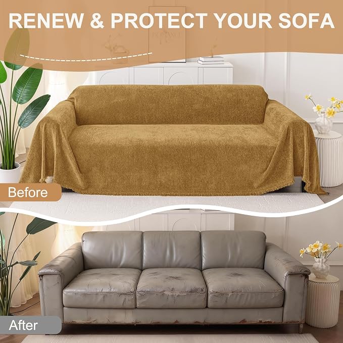 Smiry Couch Cover for Dogs, Chenille Sofa Covers for 3 Cushion Couch | Washable Soft Sofa Slipcover for Pets, Thick Sectional Furniture Protector with Tassels (Yellow, 71x150 Inch) - Image 8