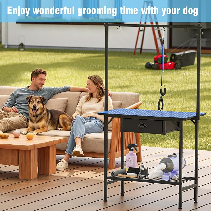 32-Inch Dog Grooming Table with Drawer & Mesh Tray,Adjustable Pet Grooming Table with Non-Slip Removable Washable Mat & EVA Protective Lanyard, Professional Grooming Table for Small Dog at Home（Blue） - Image 8