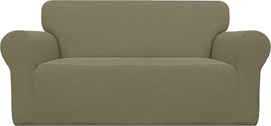 Easy-Going Stretch Loveseat Couch Covers Washable Khaki | 1-Piece Loveseat Covers for 2 Cushion Couch Furniture Protector RV Sofa Slipcover Soft with Bottom for Kids Pets by Easy-Going