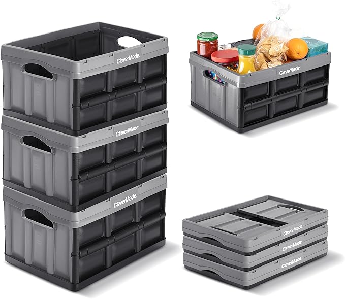 CleverMade Collapsible Storage Bins, 32L 3 Pack, Durable Plastic, Stone | Reinforced plastic handles groceries, tools, and sports gear. Interlocking bins stack open and nest compactly when folded. by CleverMade