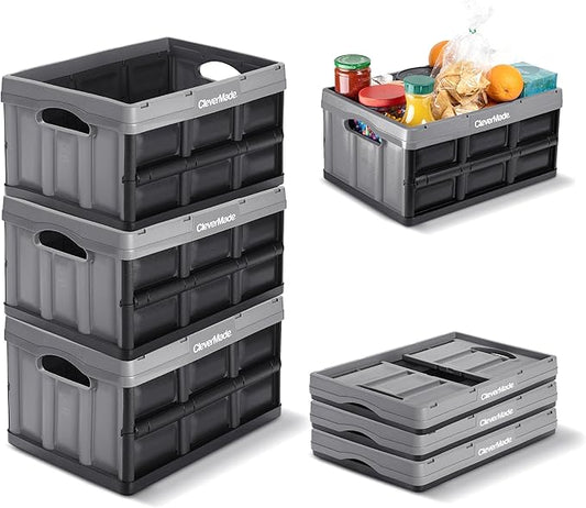 CleverMade Collapsible Storage Bins, 32L 3 Pack, Durable Plastic, Stone | Reinforced plastic handles groceries, tools, and sports gear. Interlocking bins stack open and nest compactly when folded. by CleverMade