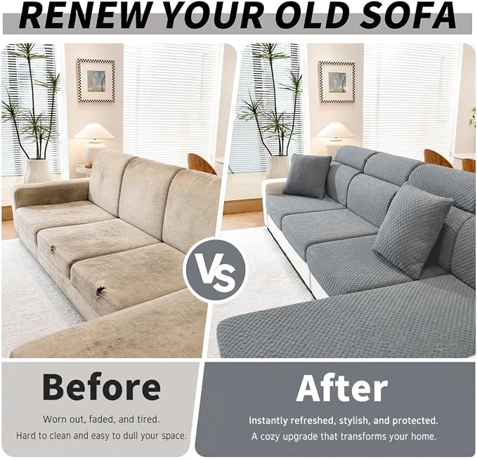 YEMYHOM Couch Cushion Covers for Sofa, Stretch Sectional Couch Seat Cushion Covers Washable Thick Furniture Protector Sofa Slipcovers for Pets (3 Seater + 1 Chaise, Light Gray) - Image 4