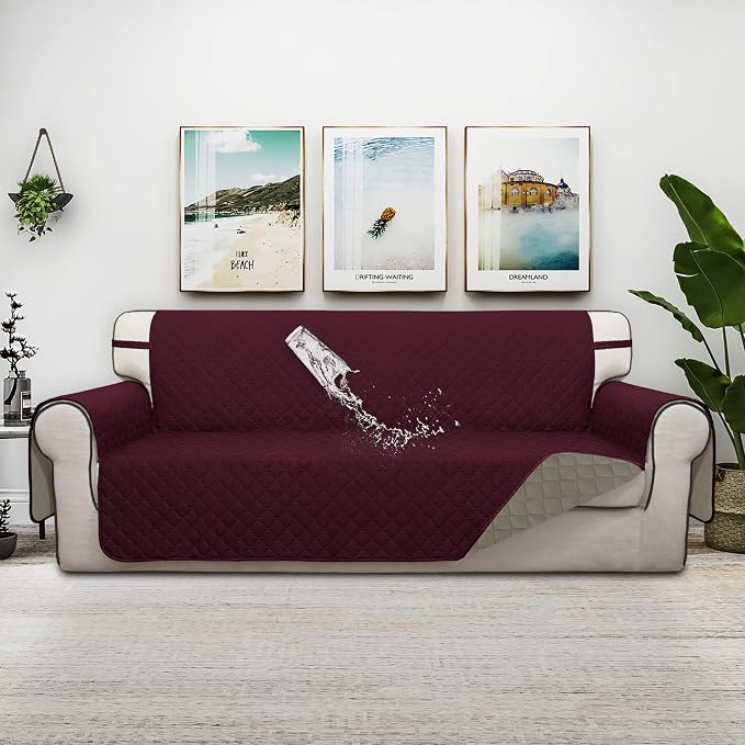 ISSUNTEX Double Protection 100% Waterproof Sofa Covers for Living Room, Reversible Couch Covers for 3 Cushion Couch Sofa, Furniture Protector Sofa Cover for Pets (X Large, Wine/Beige) - Image 2