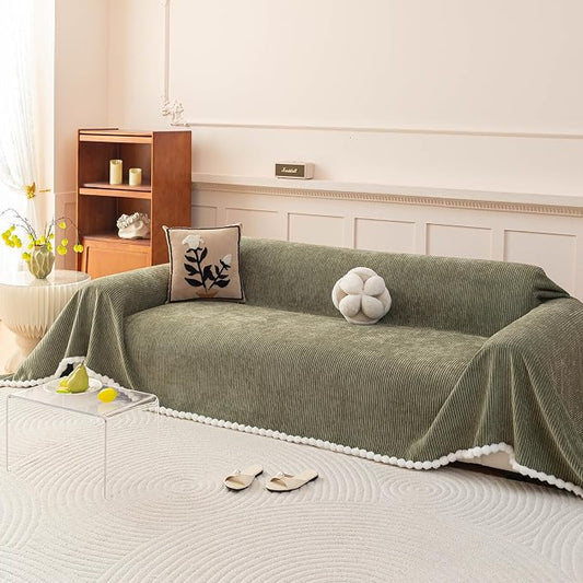 DREAMINGO Striped Chenille Couch Cover Blanket Washable Furniture Protector for Pets/Kids Farmhouse Modern Style Decorative Sofa Throw Cover for Living Room, Pom Pom Trim, Green, 71"x150" by DREAMINGO