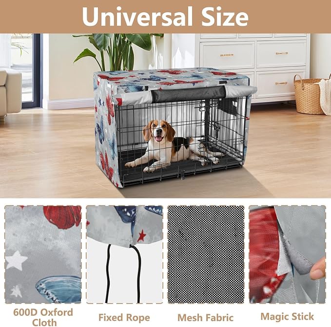 Dog Crate Cover Kennel Cover for Dog Cages Breathable for Wire Cage Indoor Outdoor Grey Patriotic Butterflies Stars - Image 4