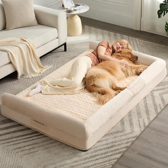 BFPETHOME Orthopedic Washable Human Dog Bed for Adult & Dog Cozy Sleep | Human Size Waterproof Big Soft Pet Couch Bed for Adult & Dogs Relax with Removable Cover Supportive Foam Beige 71x46 Inch by BFPETHOME