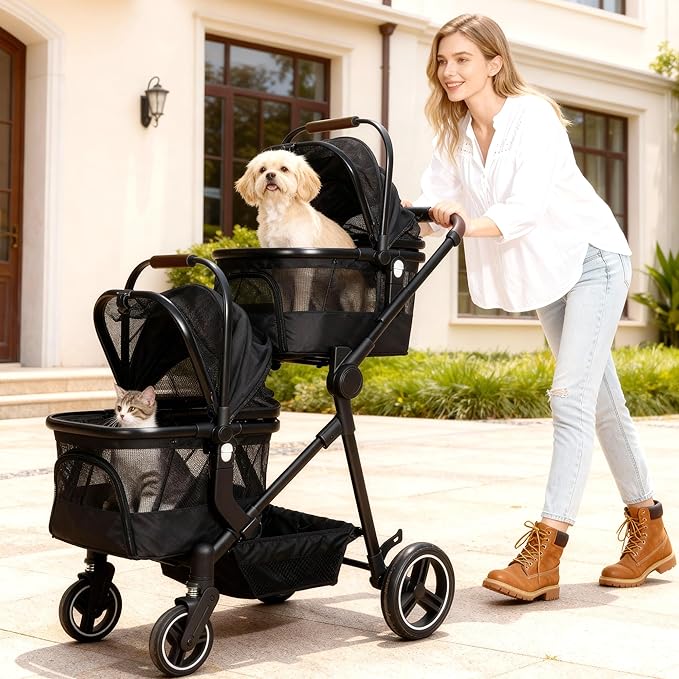 Foldable Double Pet Stroller for 2 Small Medium Cats Dogs, Lightweight Single and Double Integrated Pet Stroller with Detachable Carriers