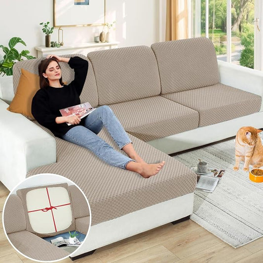【Clearance】 Sectional Couch Covers for L Shaped Chaise Lounge 1 Piece Separate Cushion Couch Universal Replacement Large Checkered Furniture Protector with Elastic Bottom (Chaise Cover, Khaki) by YEMYHOM
