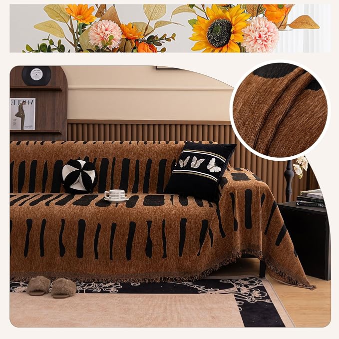 ROOMLIFE Dark Brown Couch Cover 3 Cushion Sofa, Washable Non Slip Furniture Sofa Protector Cover, Soft Chenille Sofa Slipcovers Sectional L Shape Dogs Couch Cover Throw Blanket with Tassels71''X150'' - Image 6