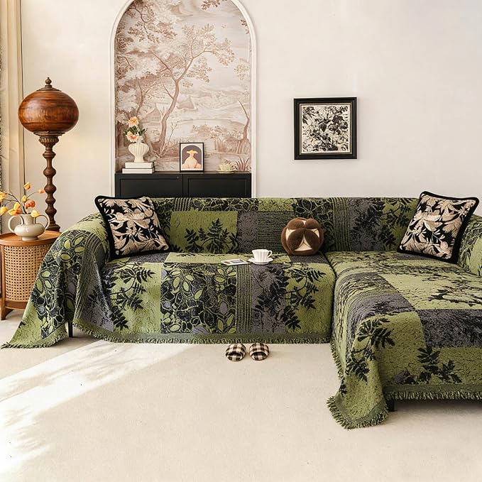 STACYPIK Vintage Green Couch Covers for Sectional, Floral Sofa Covers | Patchwork Jacquard, Chenille, Pet Friendly Sofa Protector Blanket for 3 Cushion Couch Farmhouse Jacquard Sofa Throw-71X150IN - Image 2