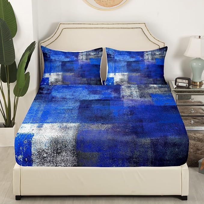 Erosebridal Blue Grey Bed Sheets Set Full Size,Abstract Ombre Sheet Set for Teens Youth,Modern Watercolor Sheets,Oil Painting Contemporary Flat Fitted Sheet with 2 Pillowcases Wrinkle Free - Image 3