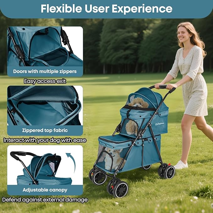 Double Pet Stroller for Dogs and Cats,Cat Strollers for 2 Cats,Double Dog Stroller for 2 Small Medium Dogs,4 Lockable Wheels/Lightweight/Folding,Green