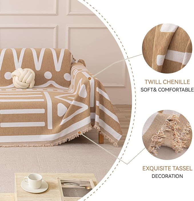 Deep Dream Boho Couch Cover, Non Slip Soft Chenille Couch Covers for 3 Cushion Couch, Thick Sofa Slipcover Sectional Sofa Cover Washable Couch Protectors for Dogs (Khaki, 71"x118") - Image 5