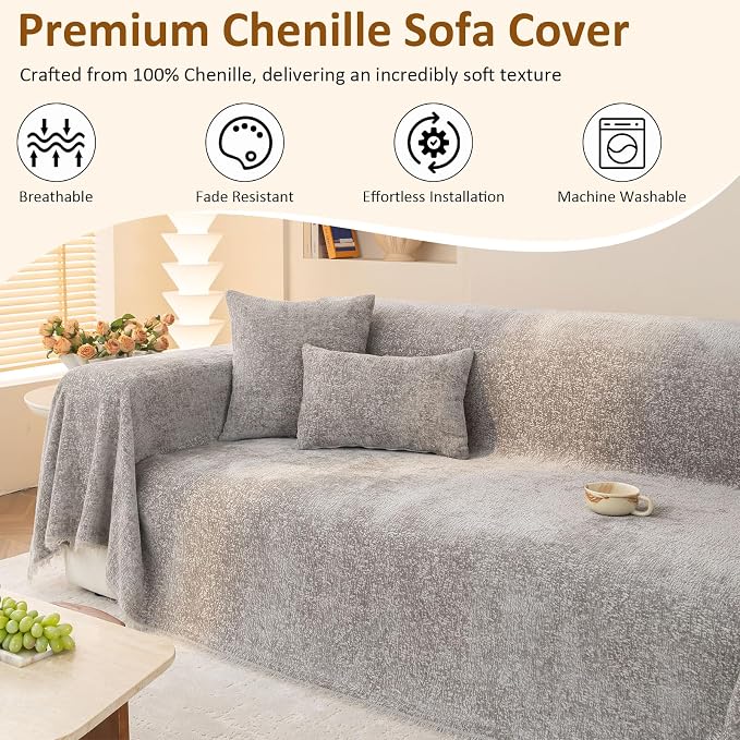 Luxury Grey Soft Durable Chenille Couch Cover for All Shape Sofa Couch Sofa-Bed Slub Furniture Protector Machine Washable, Solid Gray Sofa Slipcover for Dog Pet Kid Large 71x118’’ | for All Shape Sofa Couch, Slub Furniture Protector Machine Washable, G... - Image 3