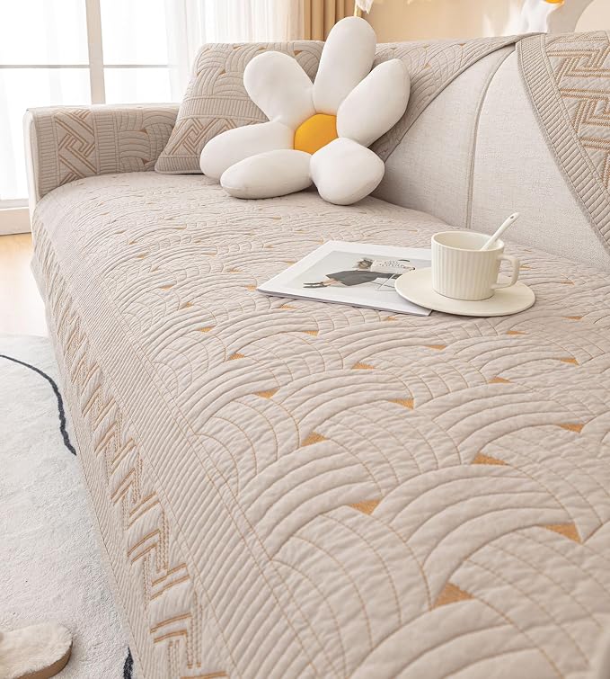 vctops Solid Color Cotton Quilted Sofa Couch Cover Weave Pattern Soft Sectional Couch Covers Embroidery Non-Slip Sofa Slipcover for Dogs, Children, Pets Furniture Protector (Khaki,28"x94") - Image 5