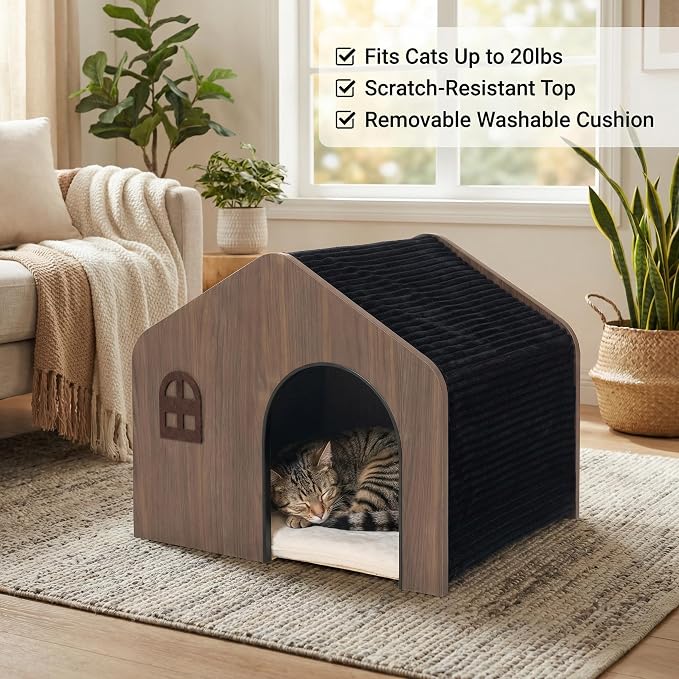 Wooden Cat House for Indoor Cats - Plush Corduroy Semi Enclosed Cat Condo, Dual Sided All Season Washable Cat Bed, Sturdy Modern Cat Furniture for Small & Medium Cats Up to 20lb/9kg - Image 6