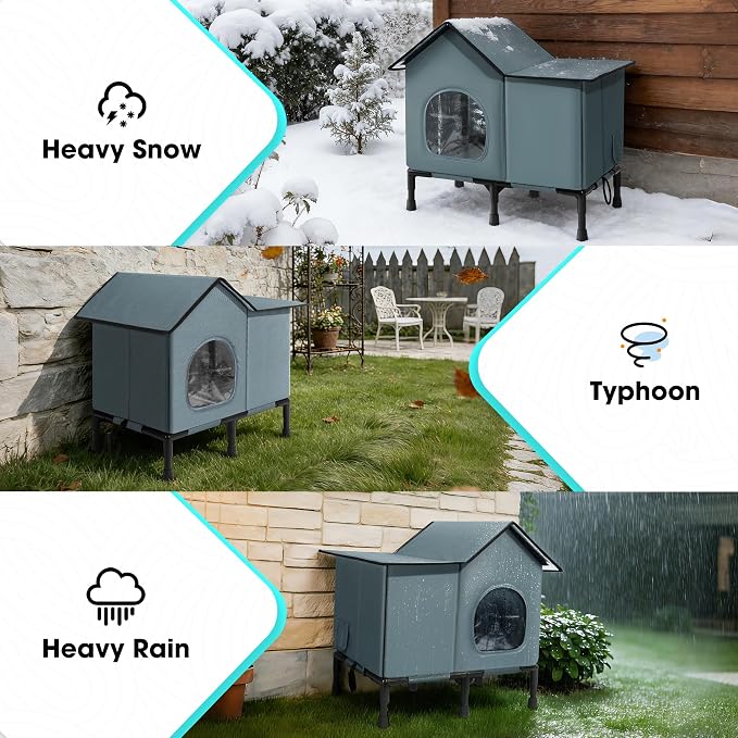 Weatherproof Heated Cat House for Outside with Heating Pad, Elevated Feet Outdoor Cat House, Expanded Canopy Warm Cats Shelter, Heating Pet Beds for Feral or Stray Cats in Winter (Warm Grey, Unheated) - Image 5