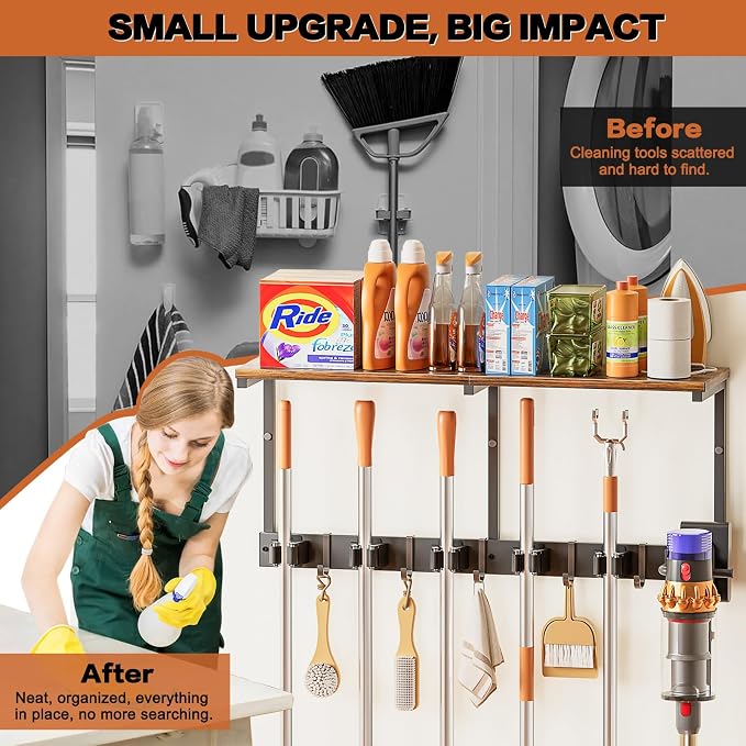Broom Holder Wall Mount with Cleaning Supplies Organizer, Laundry Room Organization and Storage Shelves with Mop Hanger Rack Gripper Hooks, Utility Shelf Closet Organizer for Home Garage Kitchen - Image 4