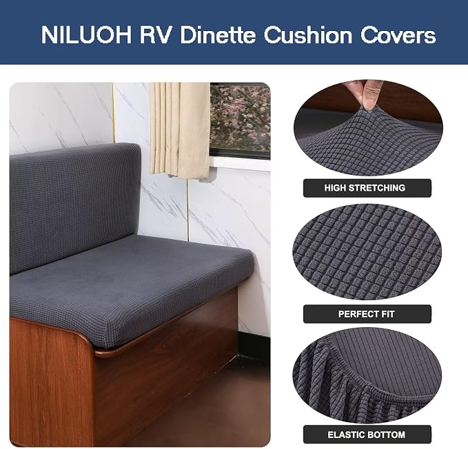 NILUOH RV Dinette Cushion Covers,Jacquard Camper Cushion Slipcovers Replacement Sofa Cushions Washable Loveseat Slipcovers for Travel Trailer Couch (2 Bench Cover & 2 Backrest Cover, Dark Gray) - Image 2