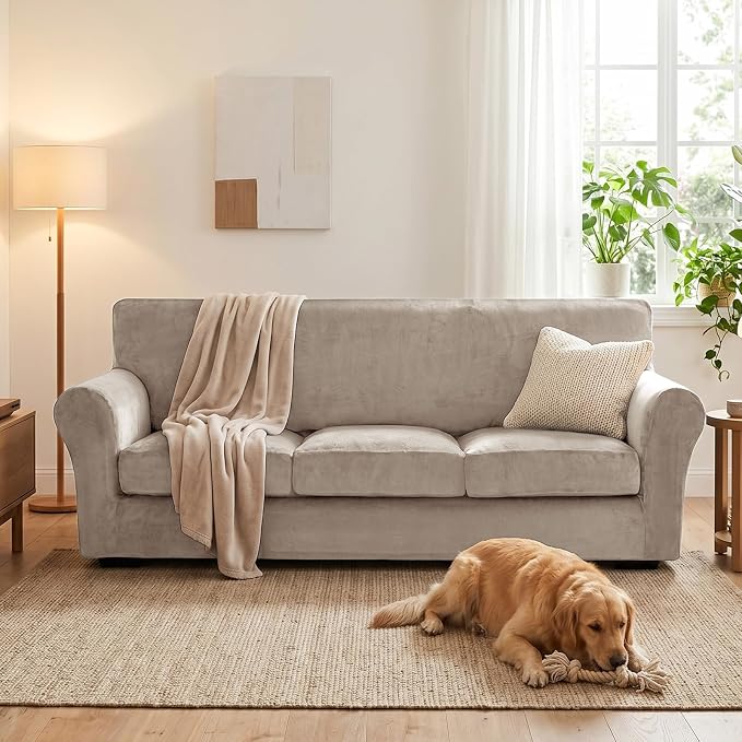 XINEAGE 4-Piece Velvet Sofa Cover,Couch Covers for Dog,Khaki | 3 Cushion Sofa,Stretch Non-slip Elastic, Pet-friendly, Washable, Fast Setup, Soft Plush Fabric, Furniture Protector. - Image 4