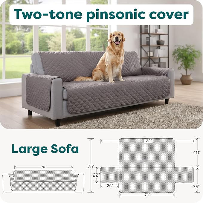 FurHaven Water-Resistant Sofa Cover for Dogs & Cats, Reversible Couch Protector with Secure Straps and Pinsonic Quilted Fabric, Machine Washable Couch Cover, Large Sofa, Gray Mist - Image 3