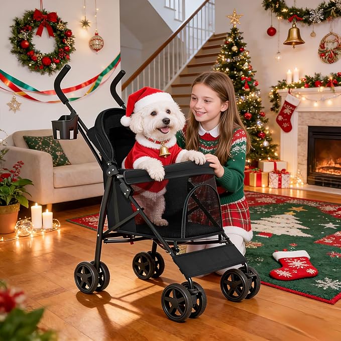 MoNiBloom 4 Wheels Pet Stroller, Easy-Fold Puppy Cage Jogger Stroller with Sun Cover, Pad and Rear Storage Bag, Breathable and Visible Mesh for Small/Medium Pets up to 22 lbs, Black