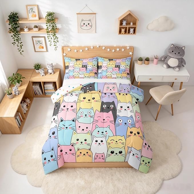 Feelyou Cat Comforter Set Full Size for Girls Kids Cute Colorful Cat Bedding Cartoon Theme Children Room Decor Kawaii Kitten Ultra Soft Microfiber Bed Sets 3 Piece - Image 2