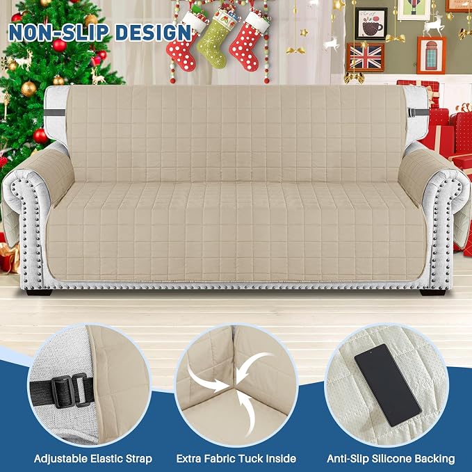 MAXIJIN Waterproof Love Seat Couch Covers 2 Cushion Sofa, 49" Quilted Loveseat Cover Slipcovers for Pets Dog Couch Cover Protector with Elastic Strap & Side Pocket (Loveseat, Khaki) - Image 4