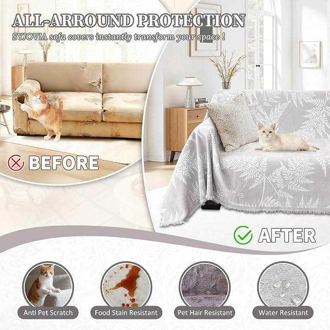 1OO% Waterproof Sectional Couch Covers for Dogs L Shaped Corner Sofa Cover Washable Chenille Sofa Slipcovers Blanket Modern Jacquard Pet Furniture Protector (91"x252", Light Gray Leaf) - Image 5